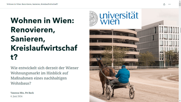 Wie entwickelt sich derzeit der Wiener Wohnungsmarkt im Hinblick auf Maßnahmen eines nachhaltigen Wohnbaus? 
Ein interaktiver Bericht der Studierenden zur Exkursion 'Wohnen in Wien'.